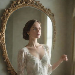 A graceful woman elegantly holding an ornate vintage mirror, reflected in a soft morning light