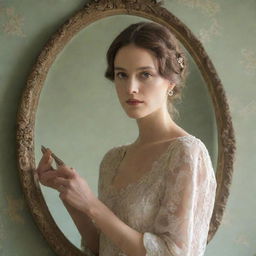 A graceful woman elegantly holding an ornate vintage mirror, reflected in a soft morning light