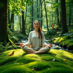 A serene meditation scene set in a lush forest