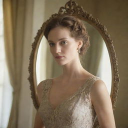 A graceful woman elegantly holding an ornate vintage mirror, reflected in a soft morning light