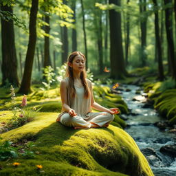 A serene meditation scene set in a lush forest