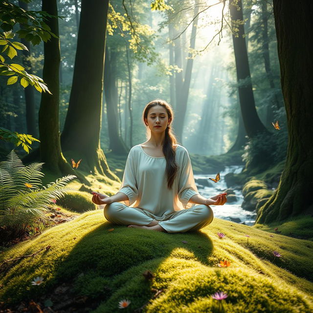 A serene meditation scene set in a lush forest