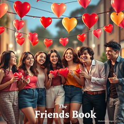 A vibrant and lively cinematic film poster titled "The Friends Book" featuring four 27-year-old girls and seven 30-year-old boys celebrating Valentine's Day at a college party