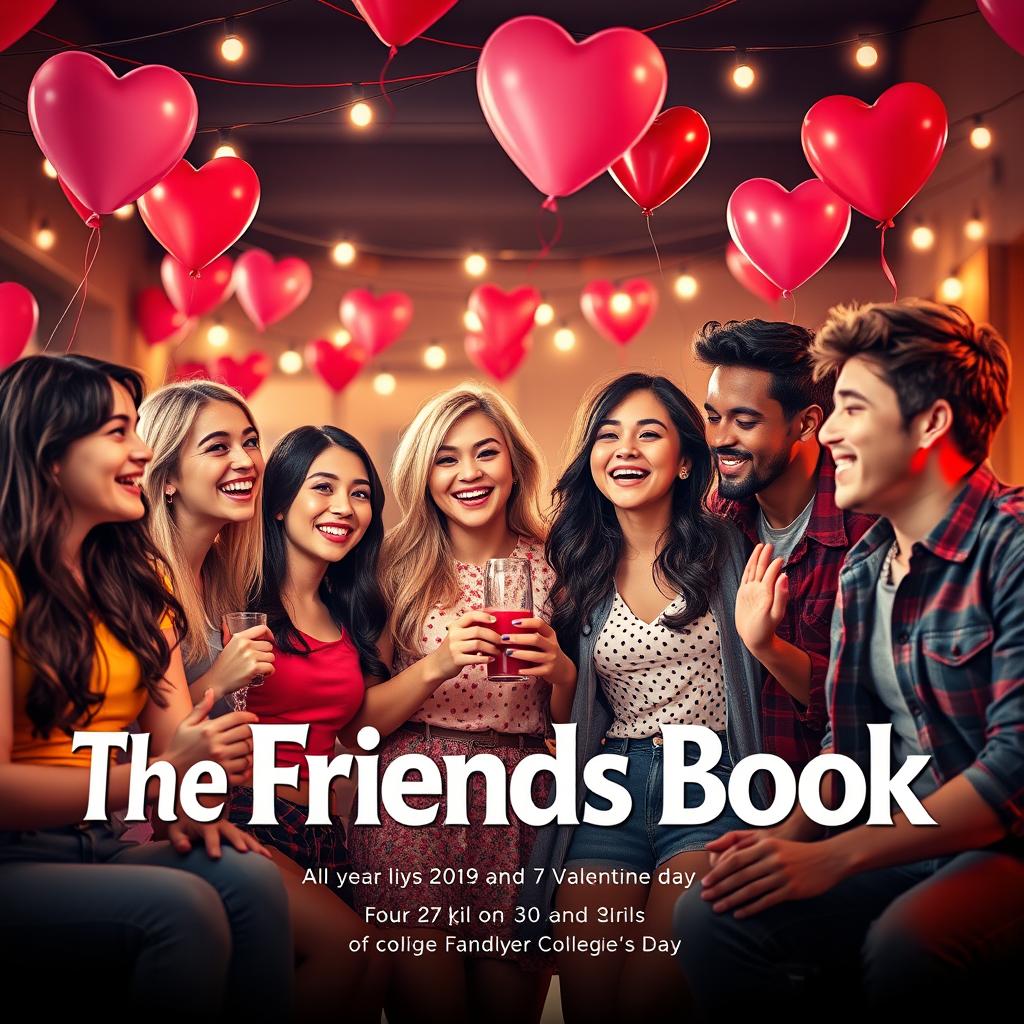 A vibrant and lively cinematic film poster titled "The Friends Book" featuring four 27-year-old girls and seven 30-year-old boys celebrating Valentine's Day at a college party