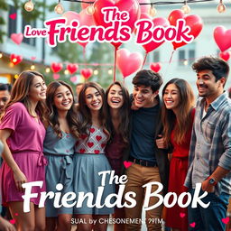 A vibrant and lively cinematic film poster titled "The Friends Book" featuring four 27-year-old girls and seven 30-year-old boys celebrating Valentine's Day at a college party