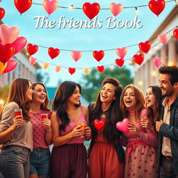 A vibrant and lively cinematic film poster titled "The Friends Book" featuring four 27-year-old girls and seven 30-year-old boys celebrating Valentine's Day at a college party