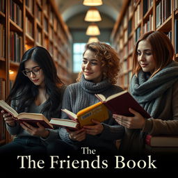 A cinematic romantic film poster featuring three 27-year-old women reading books in a college library