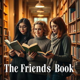 A cinematic romantic film poster featuring three 27-year-old women reading books in a college library