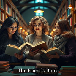 A cinematic romantic film poster featuring three 27-year-old women reading books in a college library