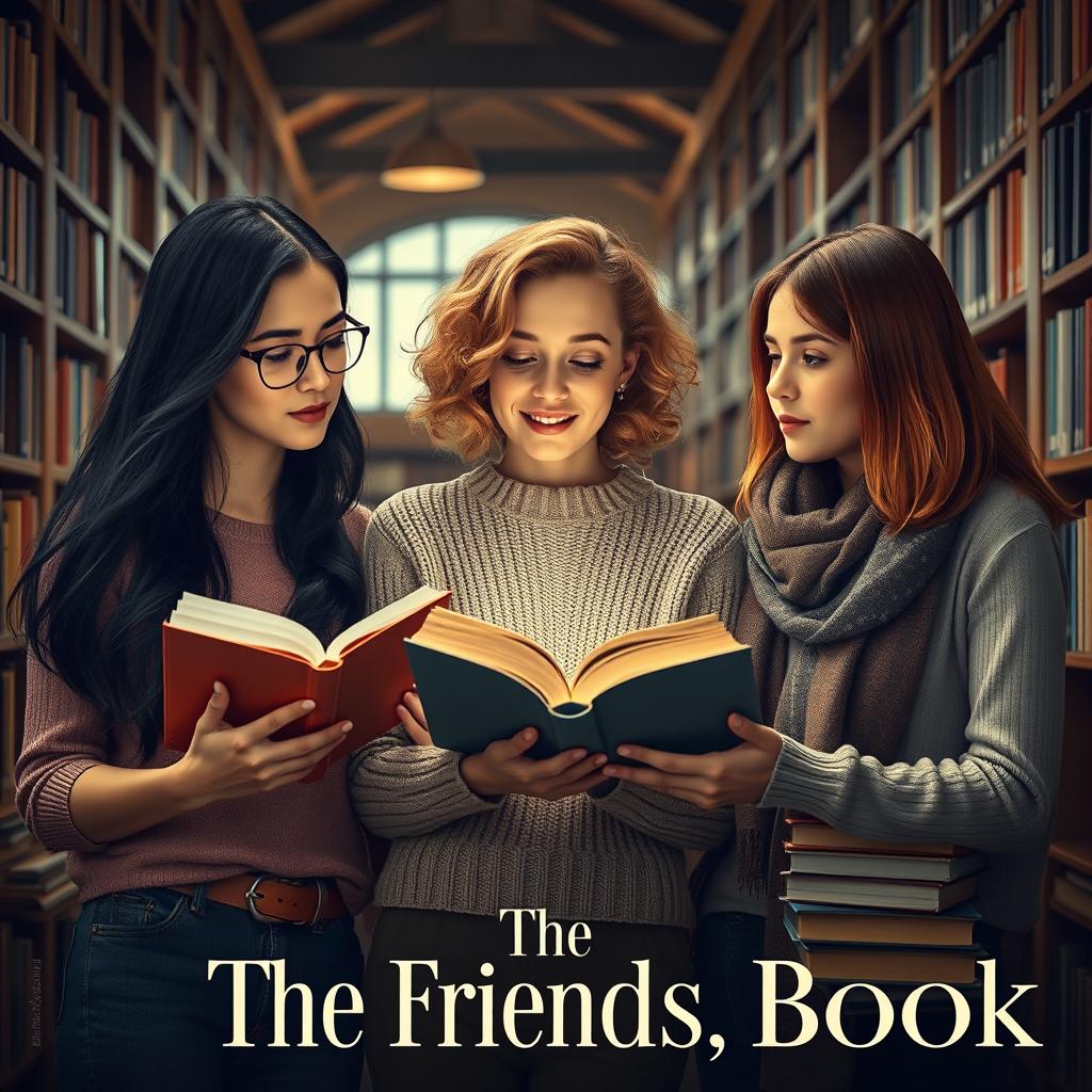 A cinematic romantic film poster featuring three 27-year-old women reading books in a college library