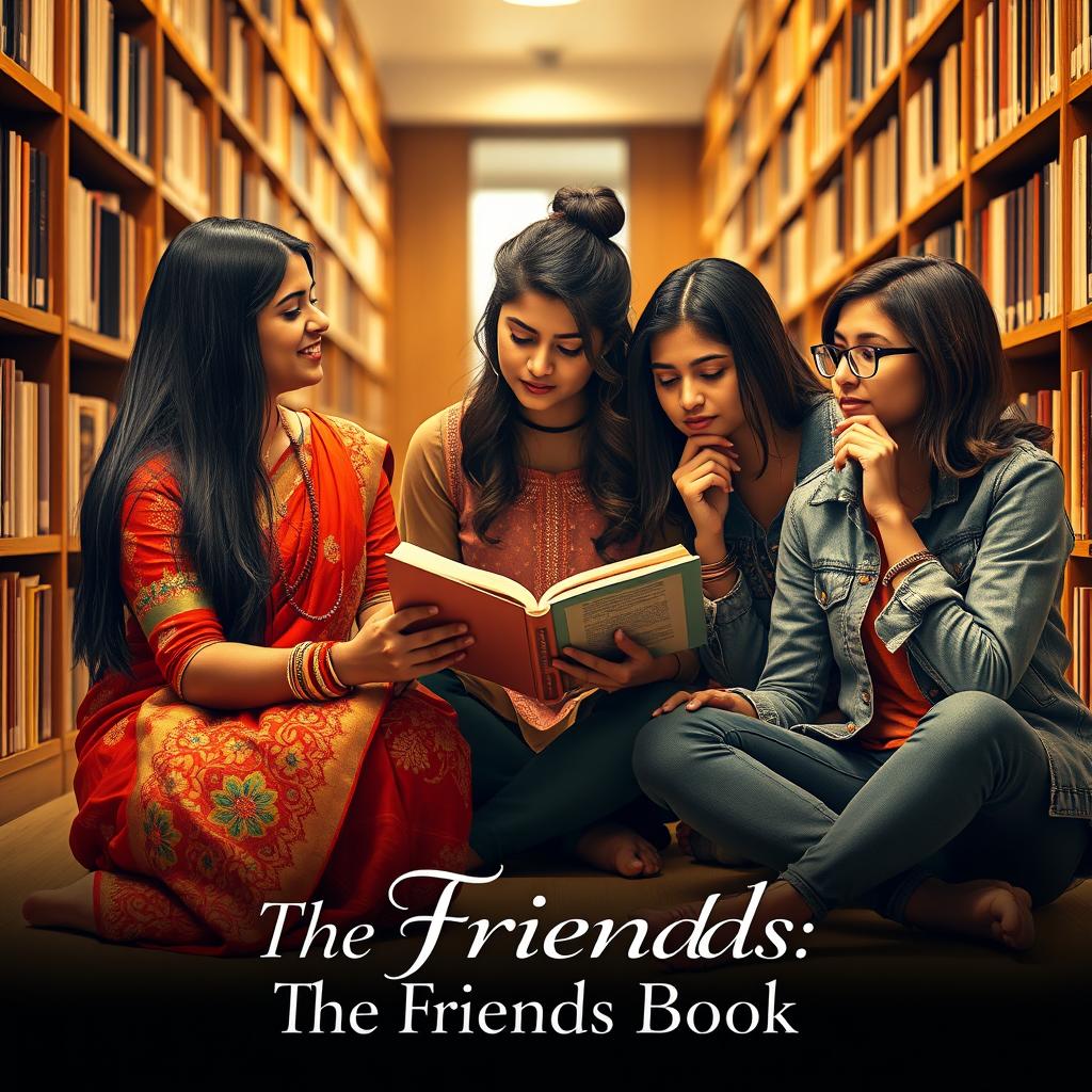 A cinematic romantic film poster featuring three 27-year-old Indian women sitting on the floor of a college library, reading one book together