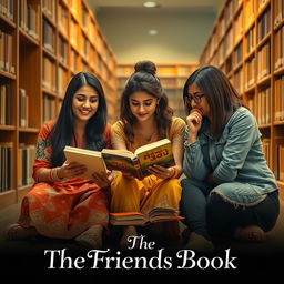 A cinematic romantic film poster featuring three 27-year-old Indian women sitting on the floor of a college library, reading one book together