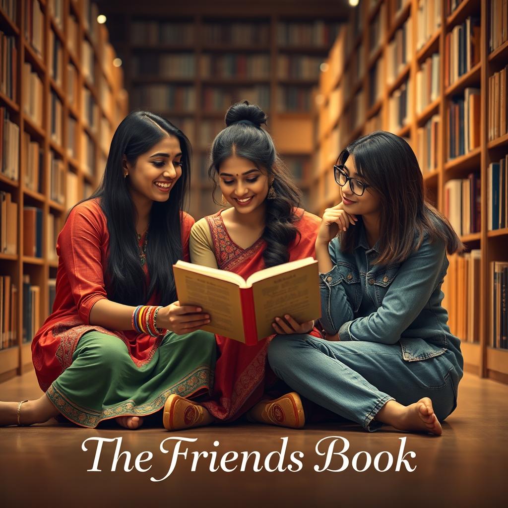 A cinematic romantic film poster featuring three 27-year-old Indian women sitting on the floor of a college library, reading one book together