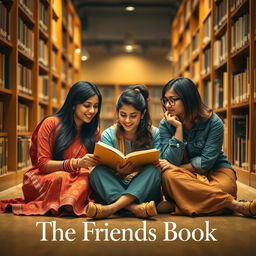 A cinematic romantic film poster featuring three 27-year-old Indian women sitting on the floor of a college library, reading one book together