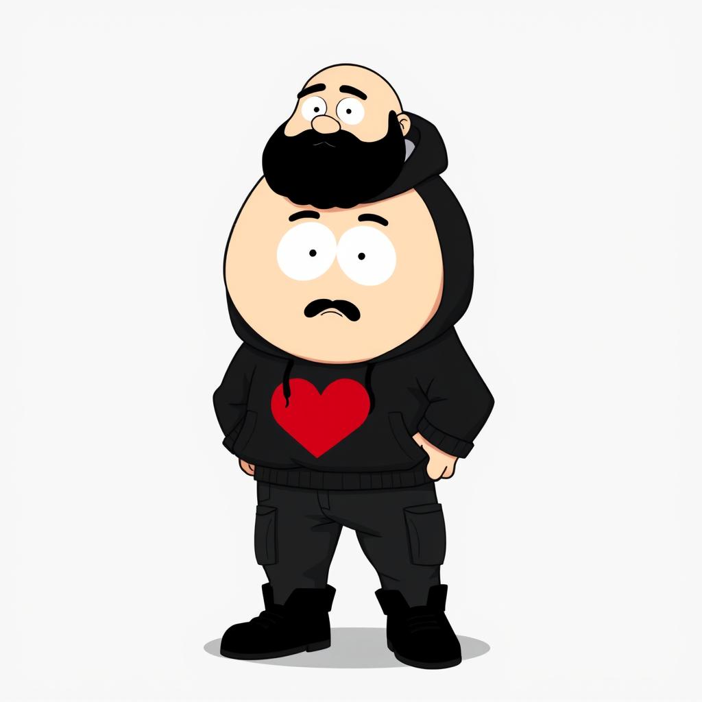 A South Park style cartoon character, a chubby, bald man with a black beard, wearing a black hoodie with a red heart on the chest, black cargo pants, and black boots