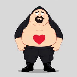 A South Park style cartoon character, a chubby, bald man with a black beard, wearing a black hoodie with a red heart on the chest, black cargo pants, and black boots