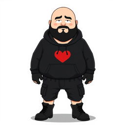 A South Park style cartoon character, a chubby, bald man with a black beard, wearing a black hoodie with a red heart on the chest, black cargo pants, and black boots