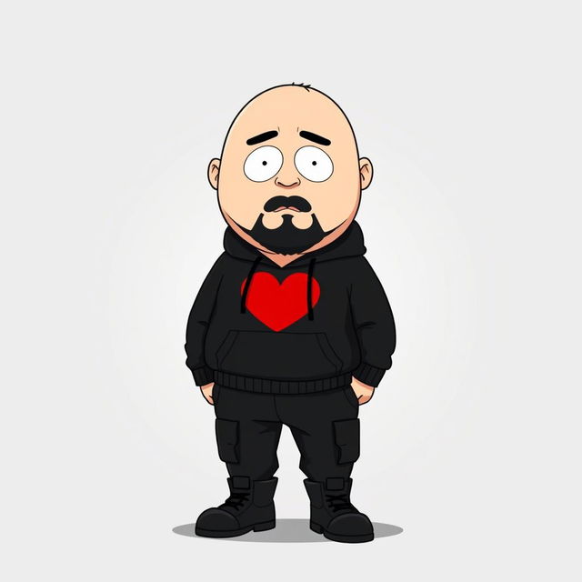 A South Park style cartoon character, a chubby, bald man with a black beard, wearing a black hoodie with a red heart on the chest, black cargo pants, and black boots