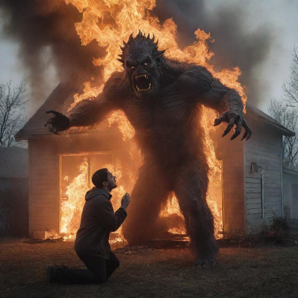 A man on his knees pleading for help, emerging from a burning house, with smoke forming the menacing and vengeful figure of a monster rising from his body.