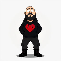 A South Park style cartoon character, a chubby, bald man with a black beard, wearing a black hoodie with a red heart on the chest, black cargo pants, and black boots