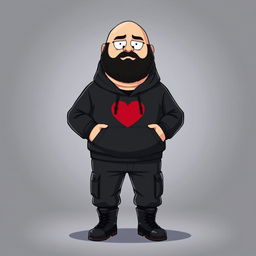 A South Park style cartoon character, a chubby, bald man with a black beard, wearing a black hoodie with a red heart on the chest, black cargo pants, and black boots