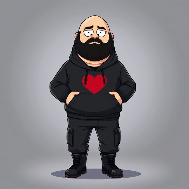 A South Park style cartoon character, a chubby, bald man with a black beard, wearing a black hoodie with a red heart on the chest, black cargo pants, and black boots