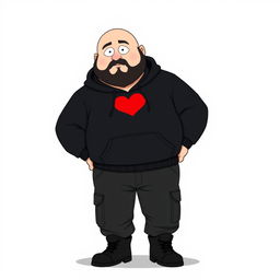 A South Park style cartoon character, a chubby, bald man with a black beard, wearing a black hoodie with a red heart on the chest, black cargo pants, and black boots