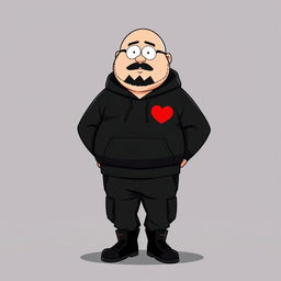 A South Park style cartoon character, a chubby, bald man with a black beard, wearing a black hoodie with a red heart on the chest, black cargo pants, and black boots