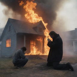 A man on his knees pleading for help, emerging from a burning house, with smoke forming the menacing and vengeful figure of a monster rising from his body.