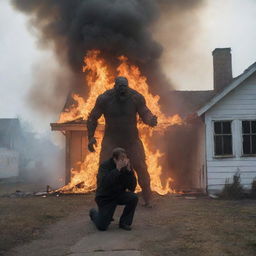 A man on his knees pleading for help, emerging from a burning house, with smoke forming the menacing and vengeful figure of a monster rising from his body.