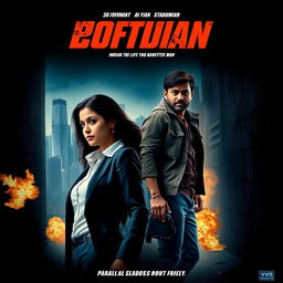 A cinematic action thriller film poster featuring a 30-year-old Indian woman and a 30-year-old Indian man, dramatically posed to showcase their parallel lives