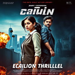 A cinematic action thriller film poster featuring a 30-year-old Indian woman and a 30-year-old Indian man, dramatically posed to showcase their parallel lives