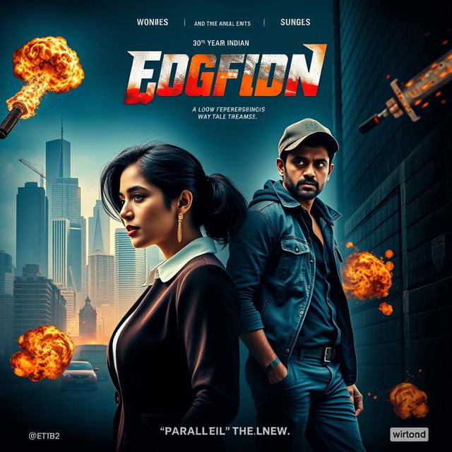 A cinematic action thriller film poster featuring a 30-year-old Indian woman and a 30-year-old Indian man, dramatically posed to showcase their parallel lives