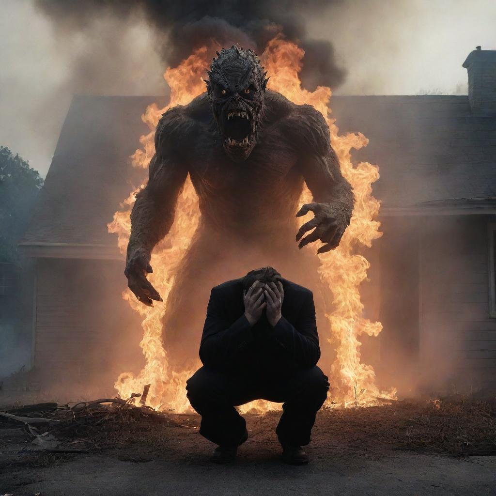 A man on his knees pleading for help, emerging from a burning house, with smoke forming the menacing and vengeful figure of a monster rising from his body.