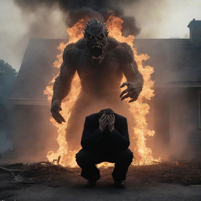 A man on his knees pleading for help, emerging from a burning house, with smoke forming the menacing and vengeful figure of a monster rising from his body.