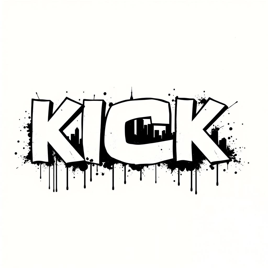 The word "KICK" in large, bold letters featuring white fills and striking black outlines, designed in a typography style reminiscent of Banksy