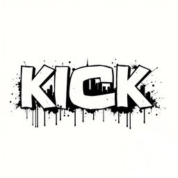 The word "KICK" in large, bold letters featuring white fills and striking black outlines, designed in a typography style reminiscent of Banksy