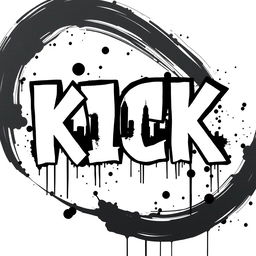 The word "KICK" in large, bold letters featuring white fills and striking black outlines, designed in a typography style reminiscent of Banksy