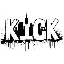 The word "KICK" in large, bold letters featuring white fills and striking black outlines, designed in a typography style reminiscent of Banksy