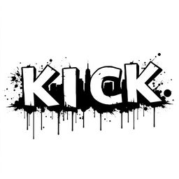 The word "KICK" in large, bold letters featuring white fills and striking black outlines, designed in a typography style reminiscent of Banksy