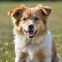 A healthy, playful dog with shiny fur, sparkling eyes, and a wagging tail.