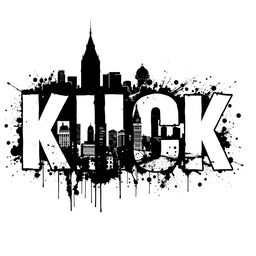 The word "KICK" rendered in large, bold letters with white fills and dramatic black outlines, inspired by Banksy's typography style