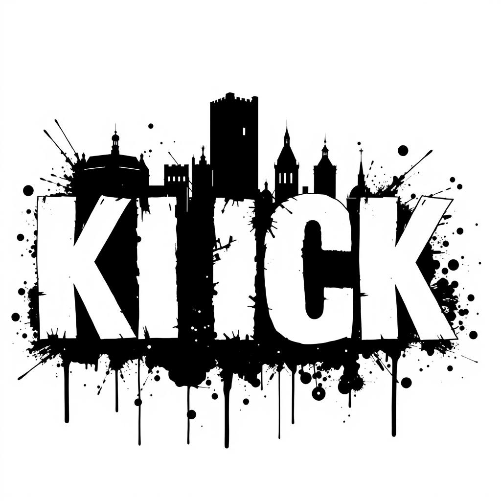 The word "KICK" rendered in large, bold letters with white fills and dramatic black outlines, inspired by Banksy's typography style