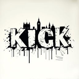 The word "KICK" rendered in large, bold letters with white fills and dramatic black outlines, inspired by Banksy's typography style