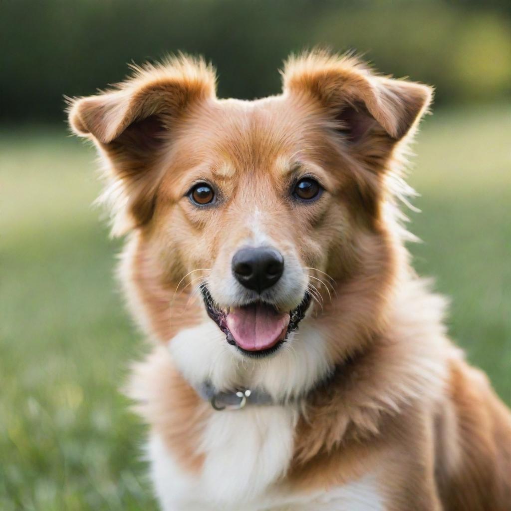 A healthy, playful dog with shiny fur, sparkling eyes, and a wagging tail.