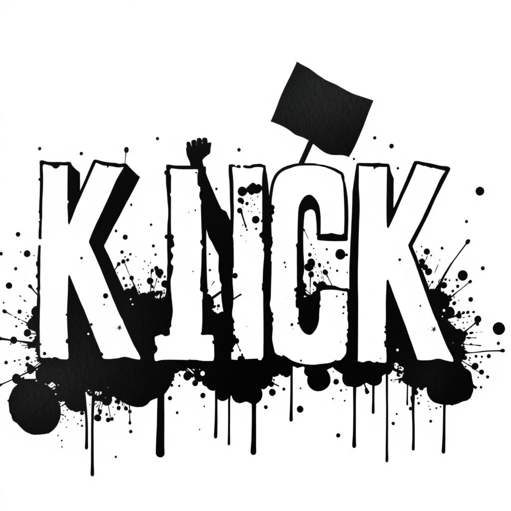 The word "KICK" displayed in bold letters with white fills and striking black outlines, inspired by Banksy's typography style