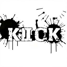 The word "KICK" displayed in bold letters with white fills and striking black outlines, inspired by Banksy's typography style