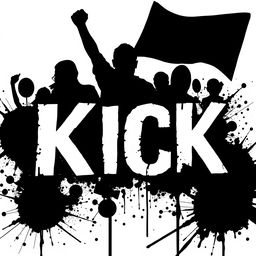 The word "KICK" displayed in bold letters with white fills and striking black outlines, inspired by Banksy's typography style