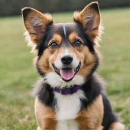 A healthy, playful dog with shiny fur, sparkling eyes, and a wagging tail.