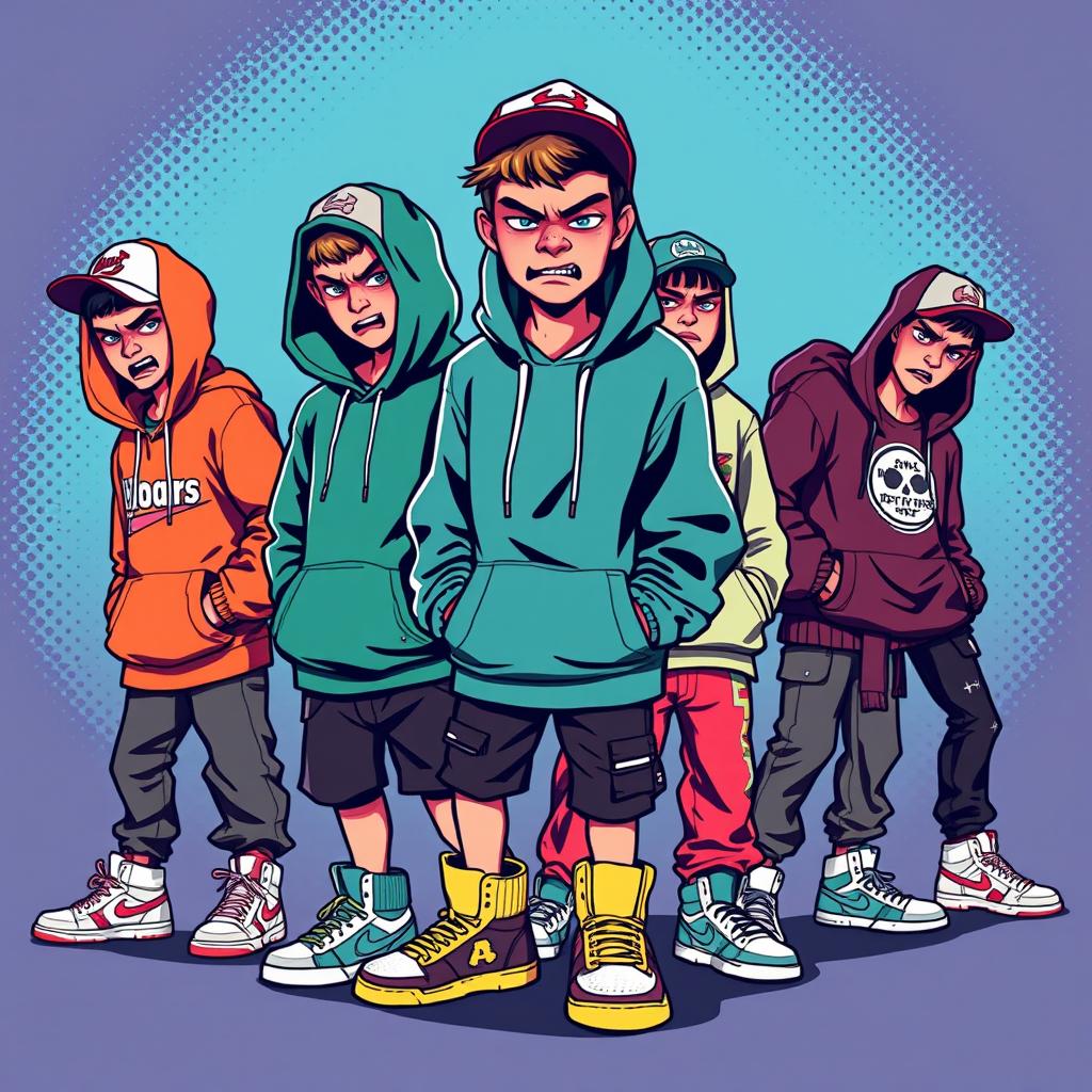 A vivid 2D illustration depicting an angry group of teenagers dressed in trendy streetwear, all portrayed in an American comic style with bold outlines and vibrant colors